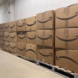 A stacked pallet of sealed Amazon coffin box pallets, ready for wholesale delivery.