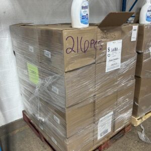 Bulk laundry detergent pallets with 216 units of assorted solid and liquid products
