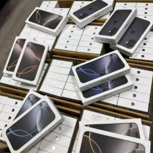 A stack of boxes making up an iPhone 16 Pro Max pallet, showing mixed colors and new condition.