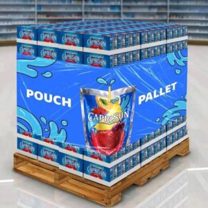 Large Capri Sun pallet Walmart with 3,800 pouches, stacked for wholesale