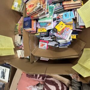 A diverse collection of new wholesale books, including novels, journals, and cookbooks, stacked on a pallet.