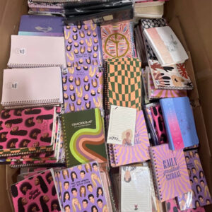 A diverse pallet of new wholesale journal notebooks in assorted colors and styles, 90% off retail.