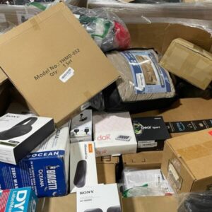 A stacked 7ft tall Amazon liquidation pallet filled with various electronics and general merchandise, ready for resellers.