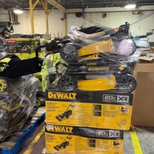 A large stack of 24 pallets filled with brand new wholesale battery mowers, ready for shipment.