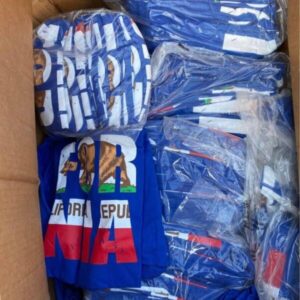 Pile of California Republic bulk t-shirts in red, blue, black, and white colors