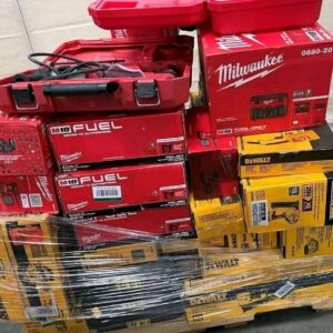 Bulk Milwaukee & Dewalt tool pallets filled with diverse power tools and hand tools