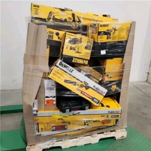 A pallet stacked with various brand new DeWalt tool pallets, including power tools and equipment.