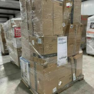 Large stack of unmanifested Dollar General pallets filled with general merchandise for liquidation