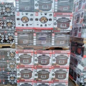 A pallet stacked with boxes of new and overstock wholesale electric pressure cookers.