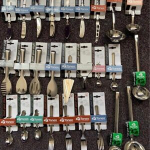 Large pallet of new bulk kitchen accessories, featuring 1350 packs of stainless steel mix cutlery