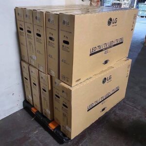A stacked pallet of 8 brand-new TVs, ready for TV pallets liquidation and bulk purchase