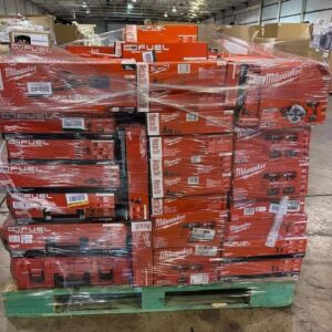 A stacked Milwaukee tool pallets featuring 60 brand new mixed power tools.