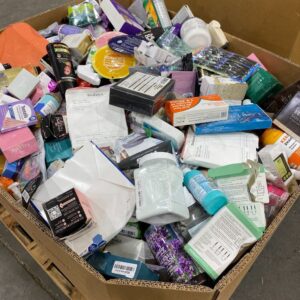 A diverse collection of health and beauty liquidation pallets featuring top brands like Unilever and Walgreens.