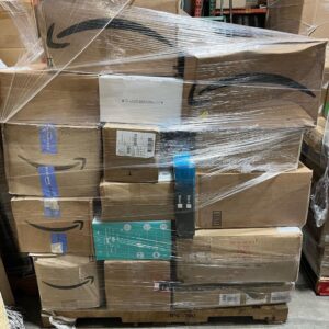 A large wooden Amazon medium pallet filled with various returned products, ready for bulk liquidation sales.