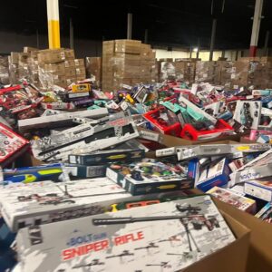 Five pallets of assorted toys, forming a diverse truckload of toys for bulk purchase.