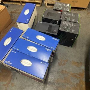 Large pallet filled with various Xbox and PS5 consoles, ideal for bulk Xbox PS5 pallets resellers.