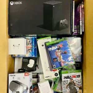 A vibrant assortment of items spilling from an open premium mystery box, showcasing diverse products.