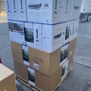 Brand new Sony PS5 pallets with consoles, controllers, and games in boxes