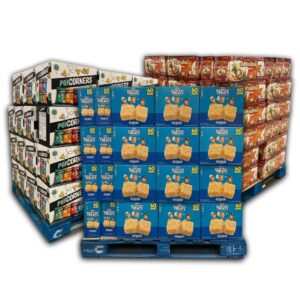 A truckload of Costco snack pallets, filled with diverse overstock snacks like chips and nuts.