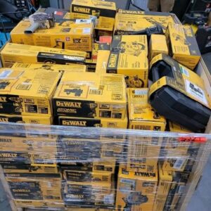 A stacked pallet featuring a variety of yellow Dewalt tool boxes and red Milwaukee tool bags, showcasing the diverse range of Dewalt tool pallets available.