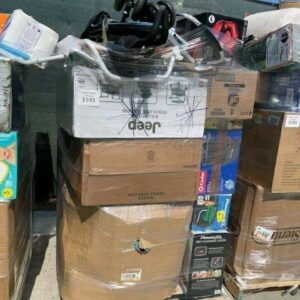 Large TRGT bulk pallets stacked in a warehouse, filled with assorted general merchandise items